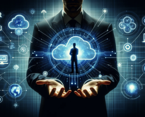 A person in a dark suit with holographic images of cloud technology, symbolizing cloud computing and digital connectivity.